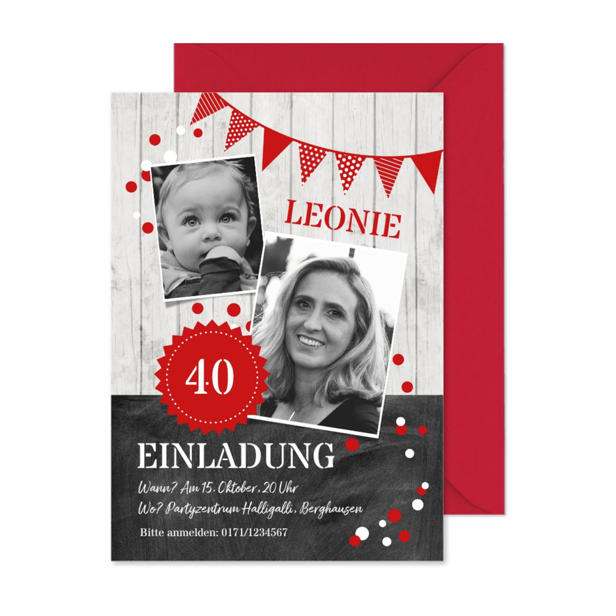Geburtstagseinladung Kontraste rot mit Foto - Kartenvorschau
