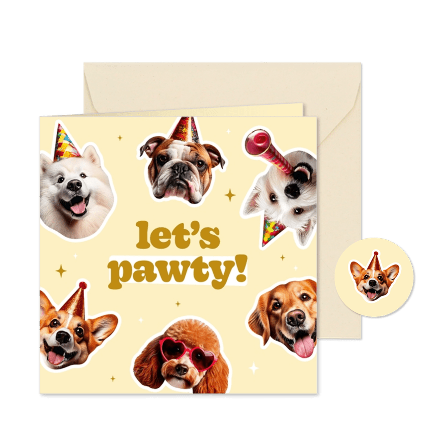 Geburtstagseinladung 'let's pawty' lustige Hundesticker - Kartenvorschau
