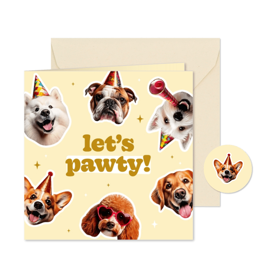 Geburtstagseinladung 'let's pawty' lustige Hundesticker - Karteneindruck
