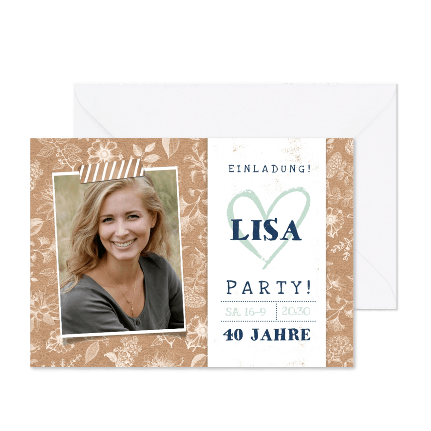 Geburtstagseinladung mit Blumen und Fotos - Karteneindruck
