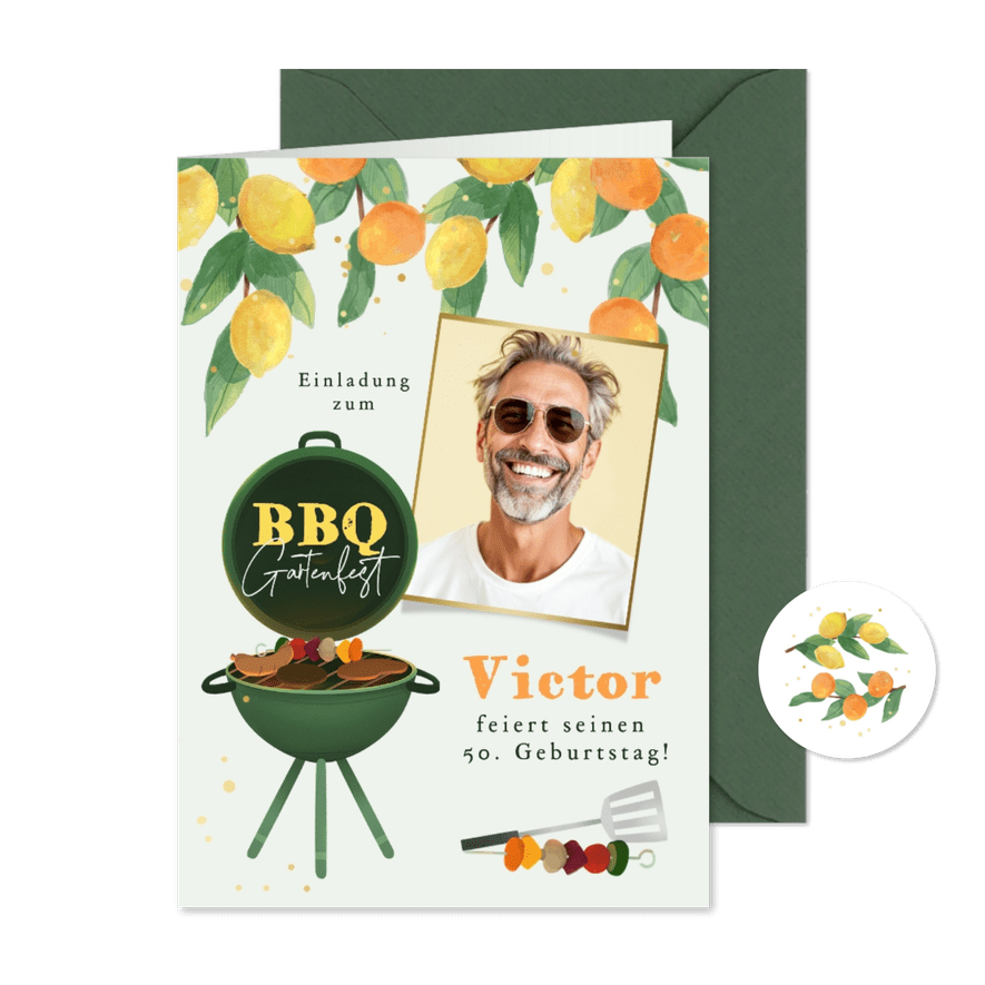 Geburtstagseinladung mit Foto BBQ-Gartenfest Zitrusfrüchte - Karteneindruck