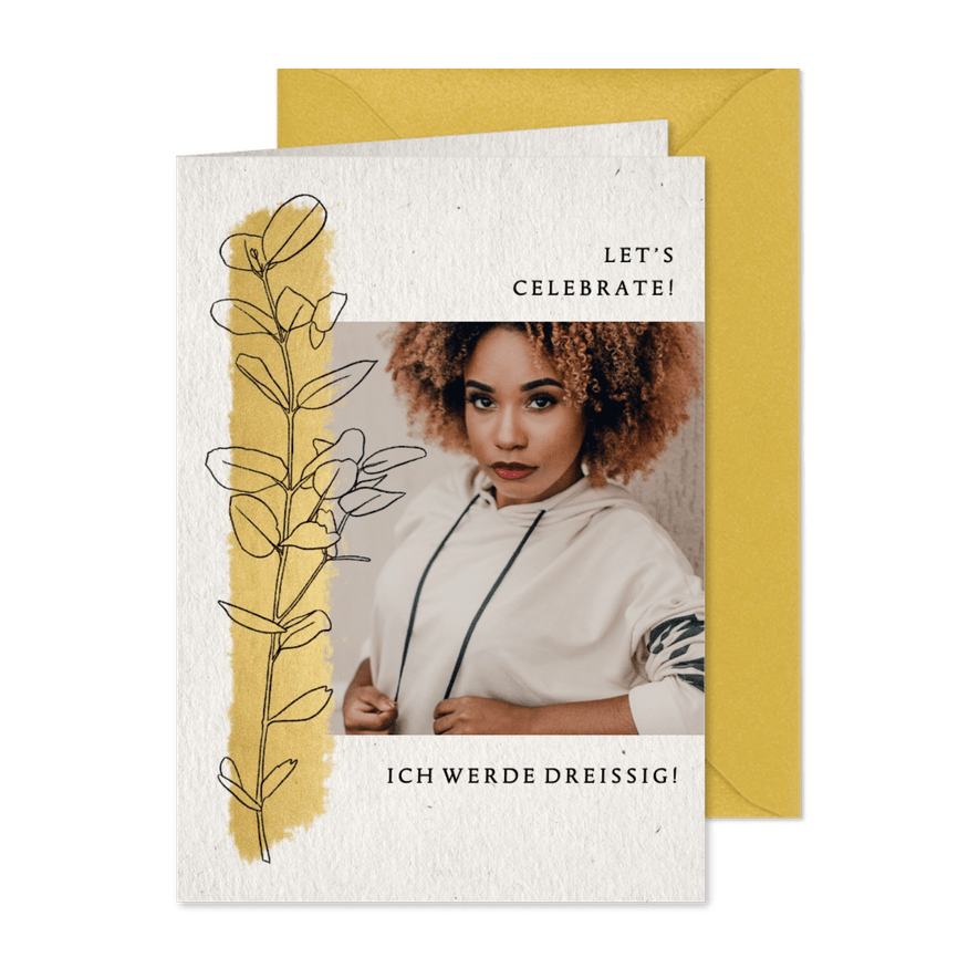 Geburtstagseinladung mit Foto, Streifen in Goldlook & Zweig - Karteneindruck