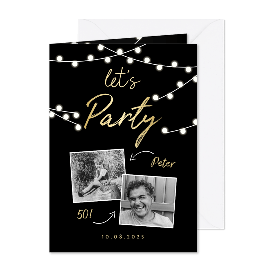 Geburtstagseinladung mit Fotos und Lichterketten - Karteneindruck
