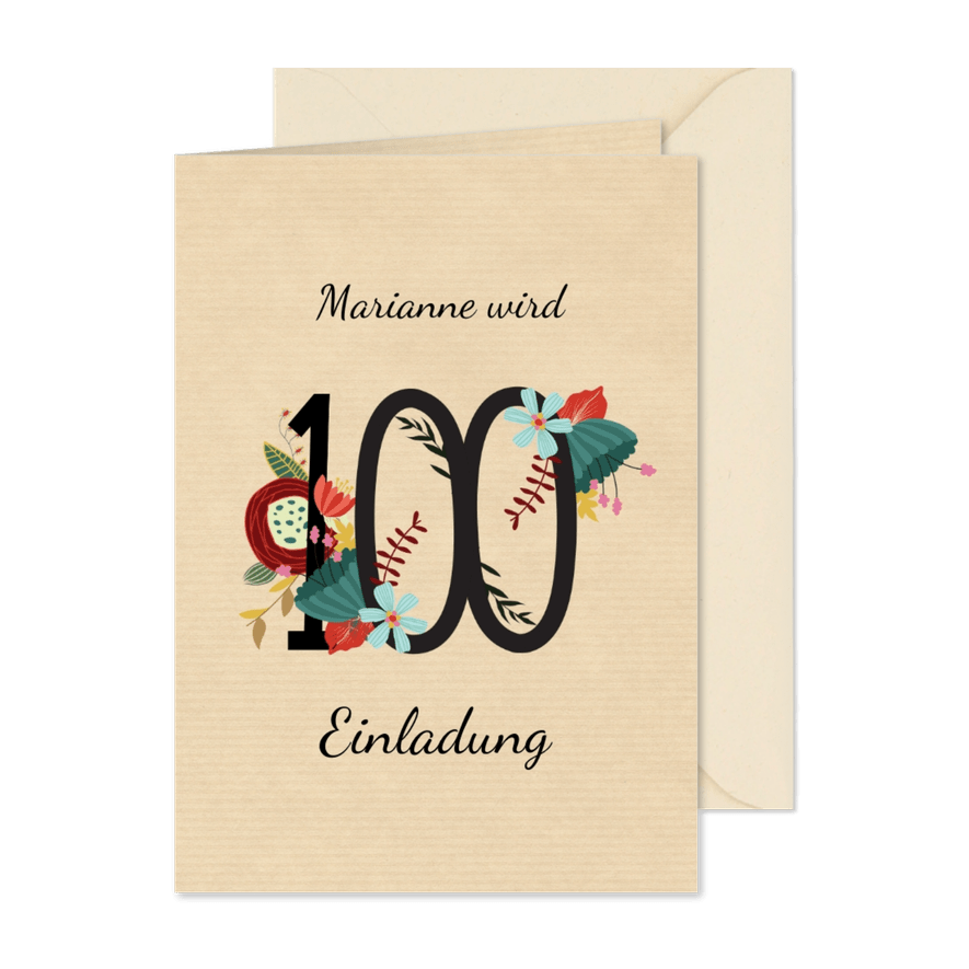 Geburtstagseinladung mit großer Blumenzahl 100 - Karteneindruck
