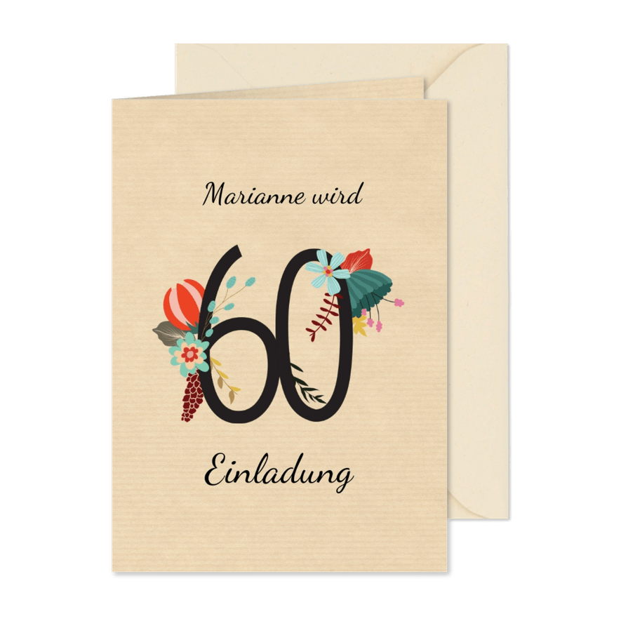 Geburtstagseinladung mit großer Blumenzahl 60 - Karteneindruck
