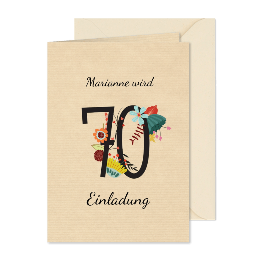 Geburtstagseinladung mit großer Blumenzahl 70 - Karteneindruck
