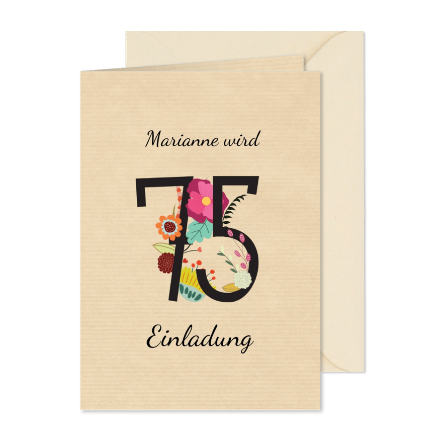 Geburtstagseinladung mit großer Blumenzahl 75 - Karteneindruck