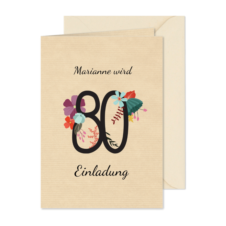 Geburtstagseinladung mit großer Blumenzahl 80 - Karteneindruck