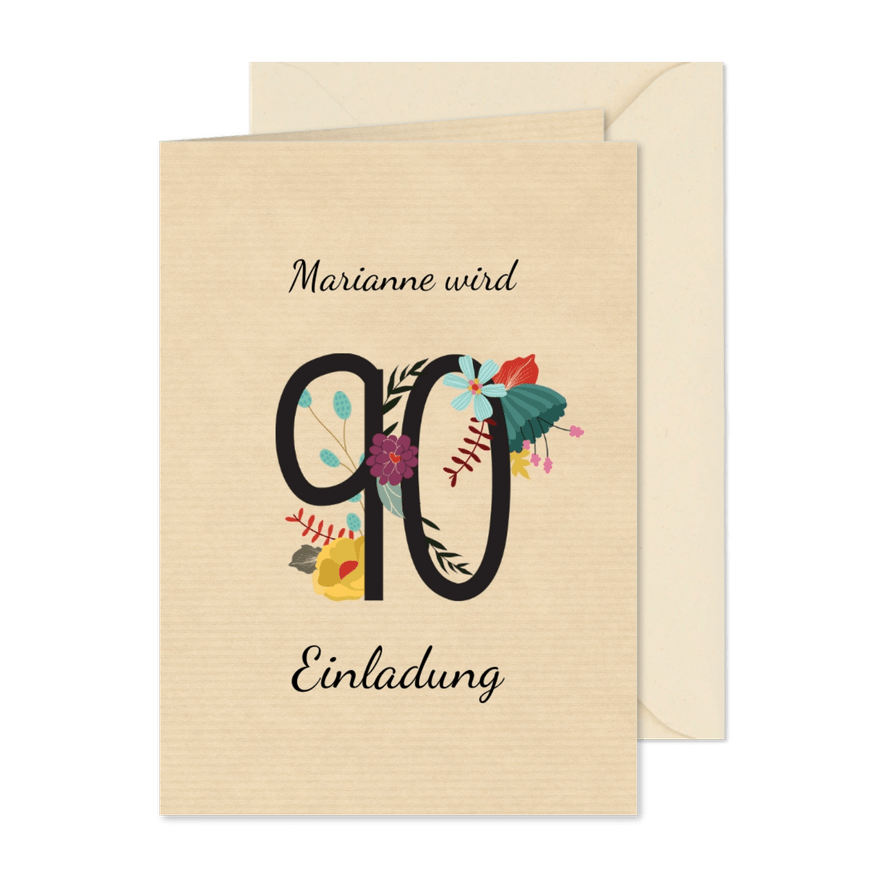 Geburtstagseinladung mit großer Blumenzahl 90 - Karteneindruck
