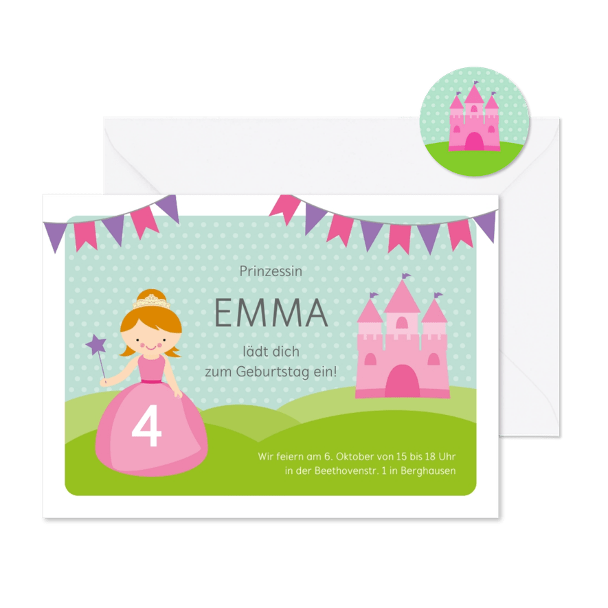 Geburtstagseinladung mit Prinzessin und Schloss 4 Jahre - Karteneindruck
