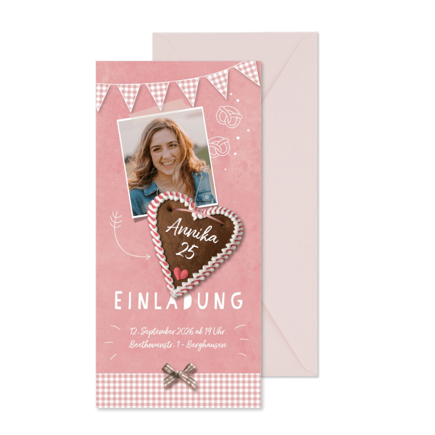 Geburtstagseinladung Oktoberfest Foto mit Lebkuchenherz - Karteneindruck
