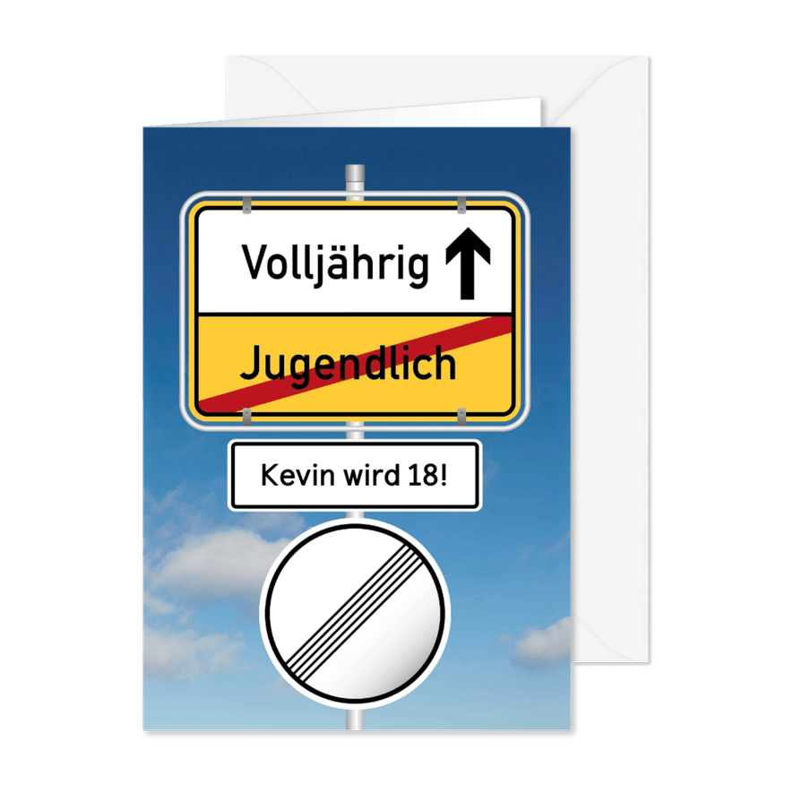 Geburtstagseinladung Ortsschild volljährig 18 Jahre - Karteneindruck

