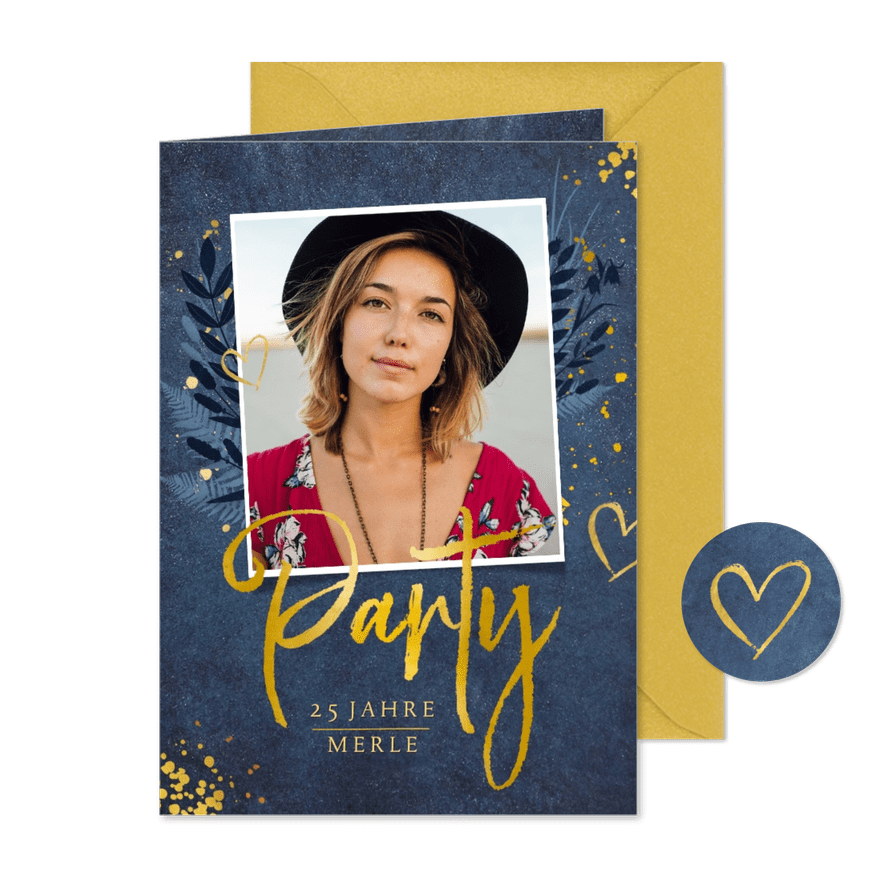 Geburtstagseinladung 'Party' goldene Schrift mit Foto - Karteneindruck