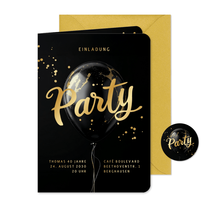 Geburtstagseinladung schwarzer Luftballon mit Gold - Karteneindruck
