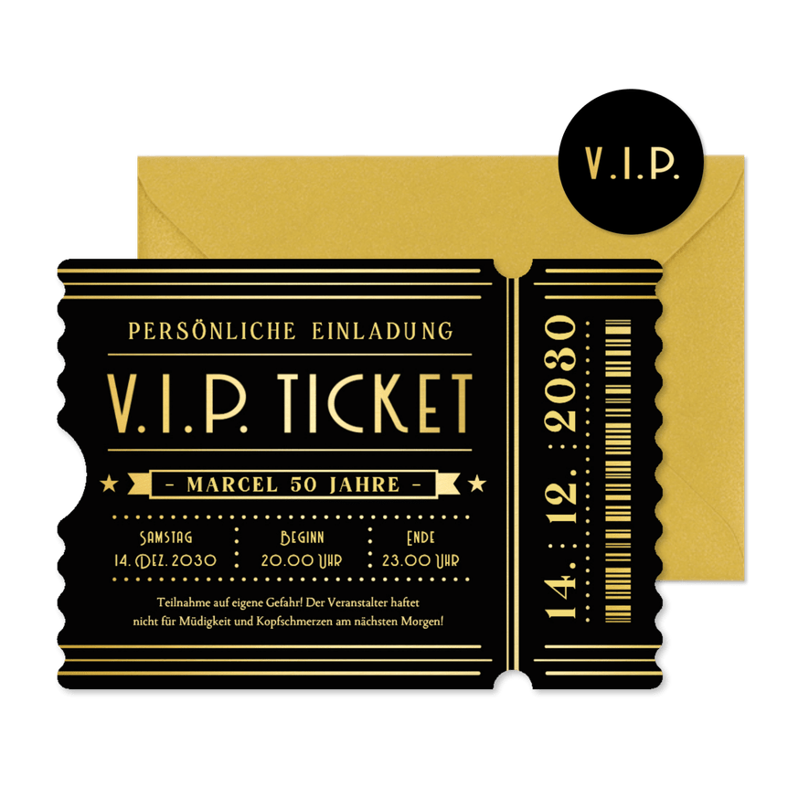 Geburtstagseinladung Ticket original Ticketform VIP schwarz - Kartenvorschau