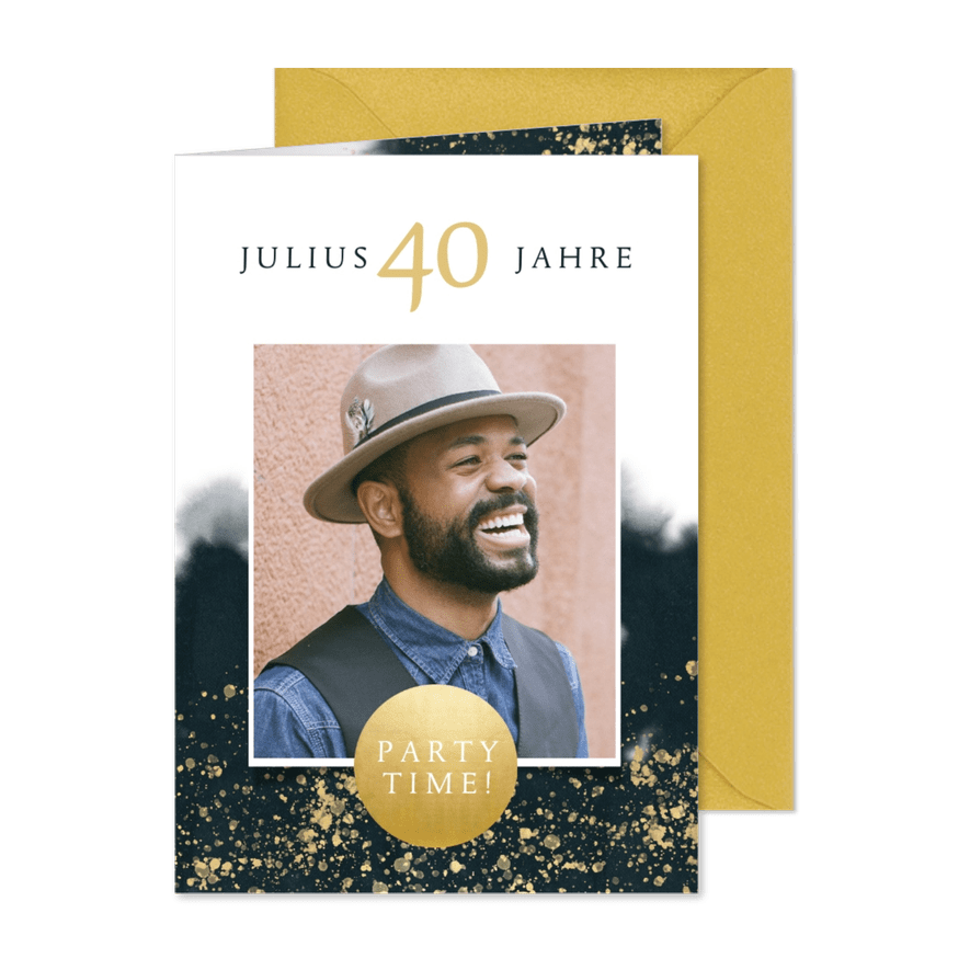 Geburtstagseinladung Wasserfarbe, Goldspritzer mit Foto - Karteneindruck
