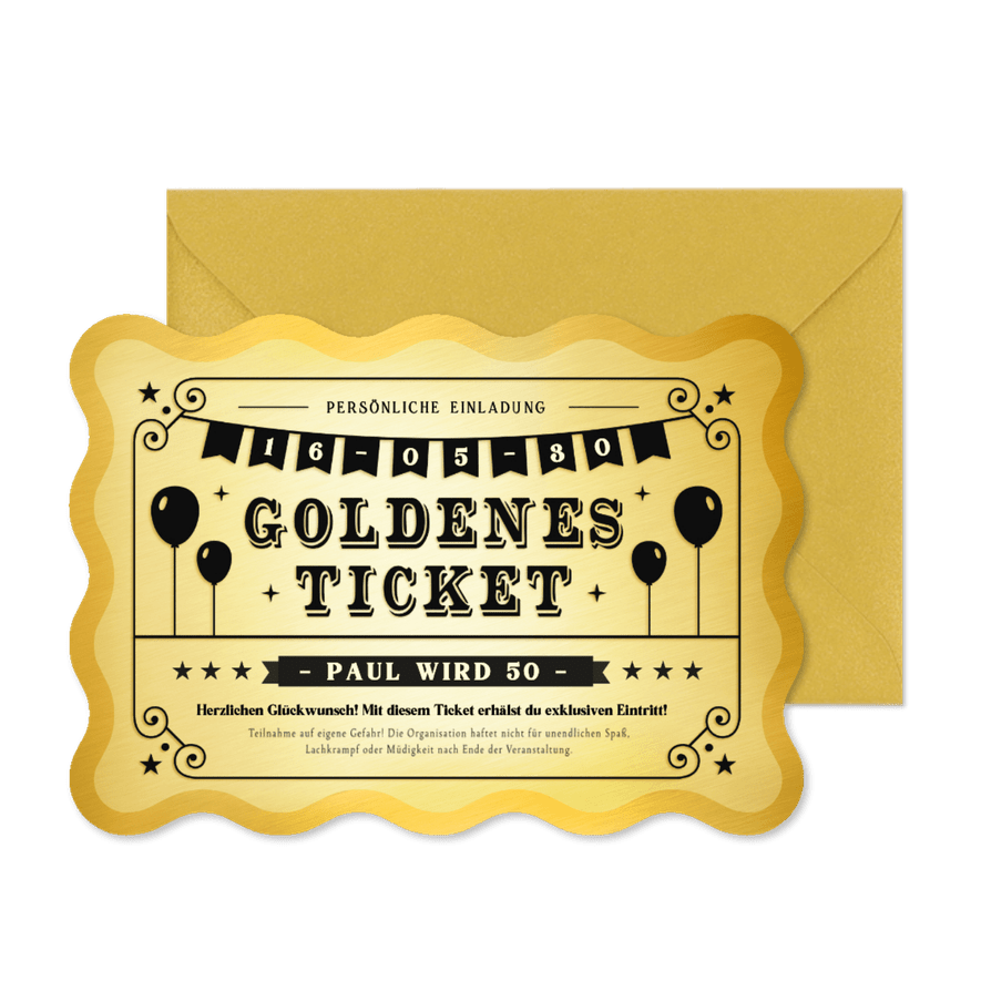 Geburtstagseinladung Wellenform Goldenes Ticket 50 Jahre - Karteneindruck
