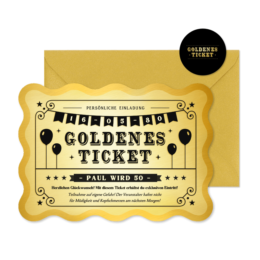 Geburtstagseinladung Wellenform Goldenes Ticket 50 Jahre - Kartenvorschau
