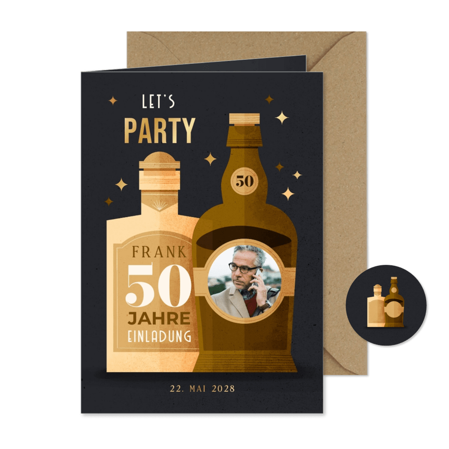 Geburtstagseinladung Whiskyflaschen - Karteneindruck