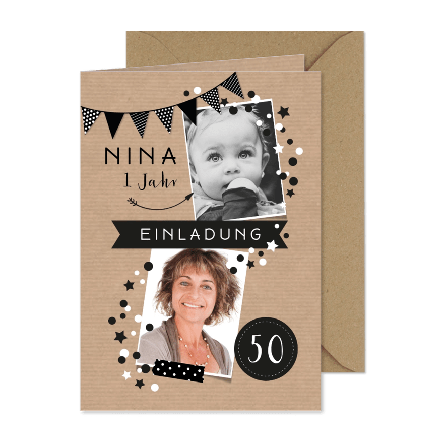 Geburtstagseinladung Wimpel und Konfetti modern - Karteneindruck
