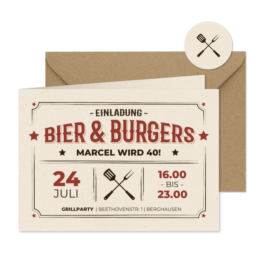 Geburtstagseinladung zu 'Bier & Burgers' - Karteneindruck