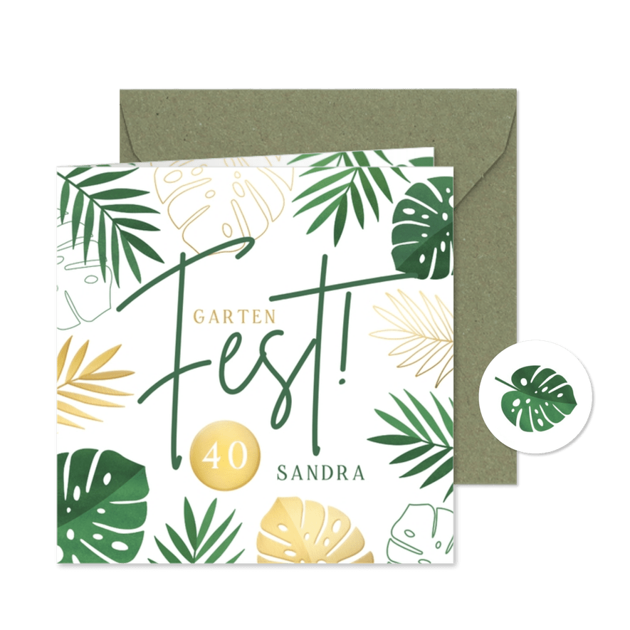 Geburtstagseinladung zum Gartenfest Blätter grün und gold - Karteneindruck