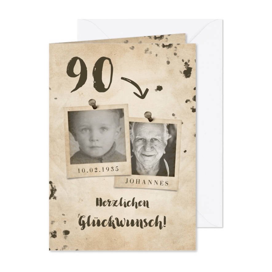 Geburtstagskarte 90 mit Fotos früher und heute - Karteneindruck