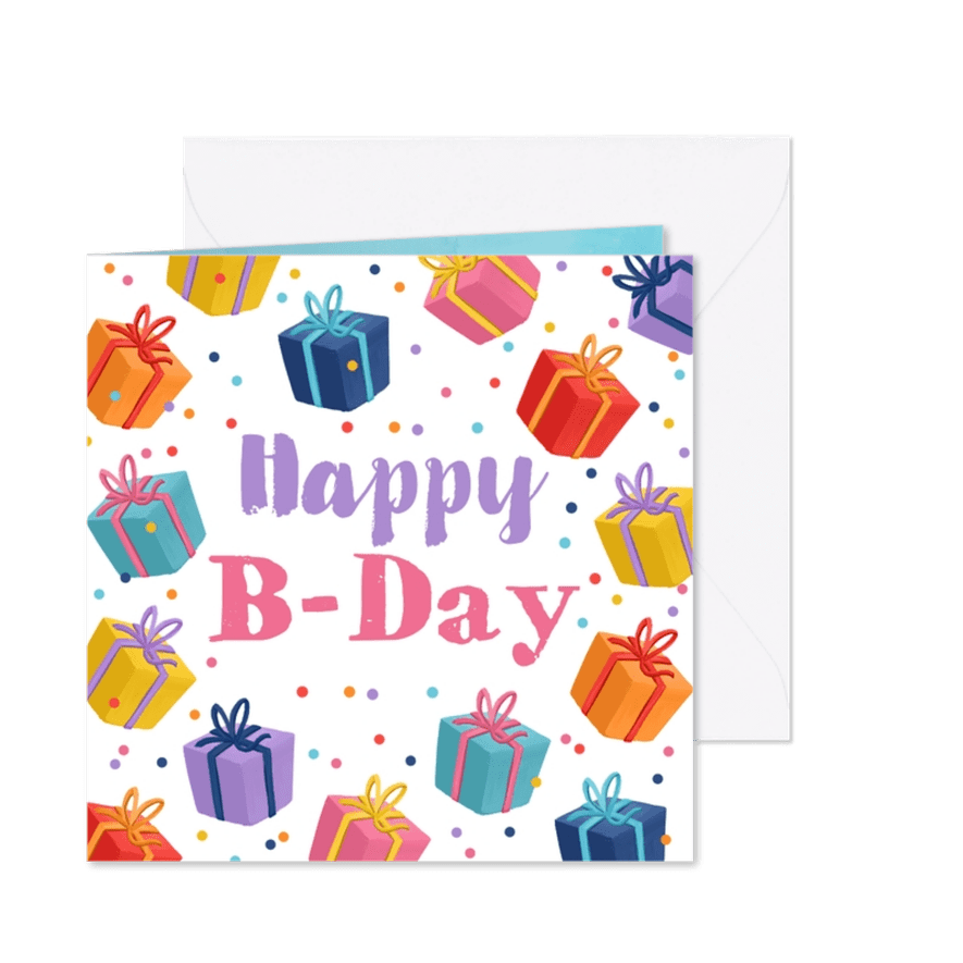 Geburtstagskarte bunte Geschenke Konfetti 'Happy B-Day' - Karteneindruck