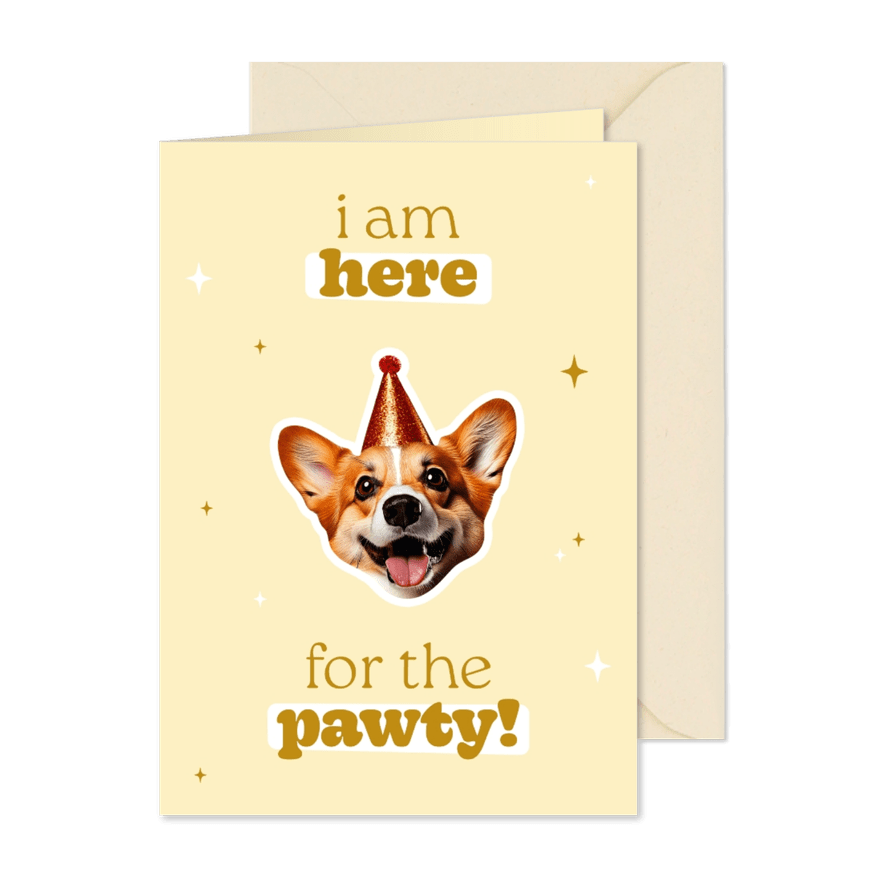 Geburtstagskarte 'I am here for the pawty' Corgi Partyhut - Karteneindruck
