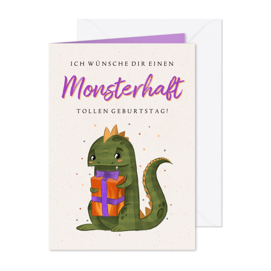 Geburtstagskarte kleiner Drache mit Geschenk - Karteneindruck