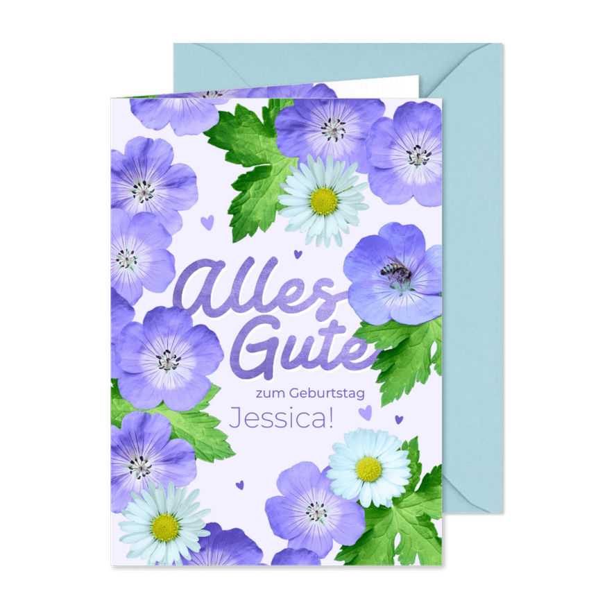 Geburtstagskarte lila Blumen & Gänseblümchen - Karteneindruck