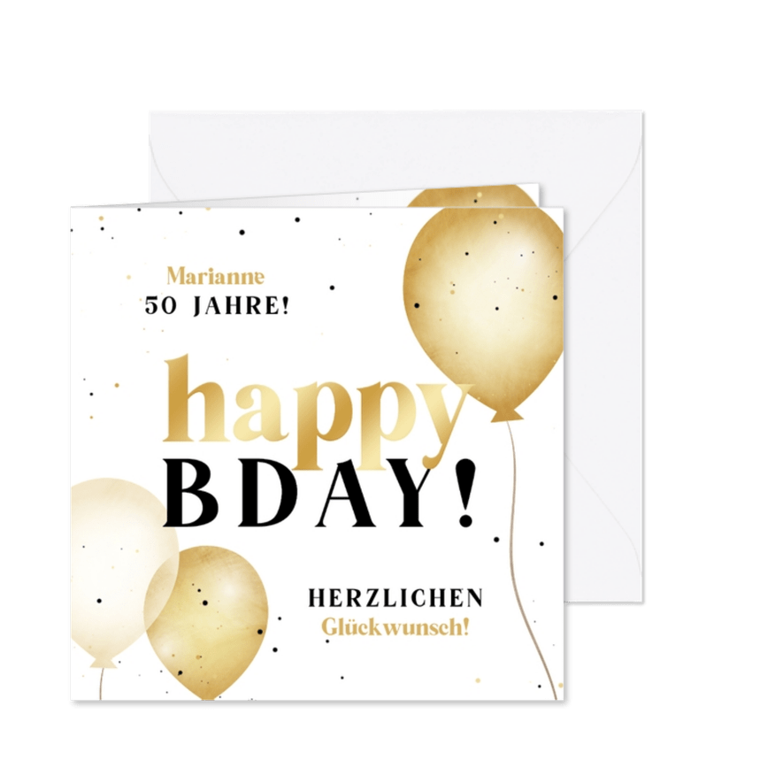Geburtstagskarte Luftballons Goldlook 'BDay' - Karteneindruck