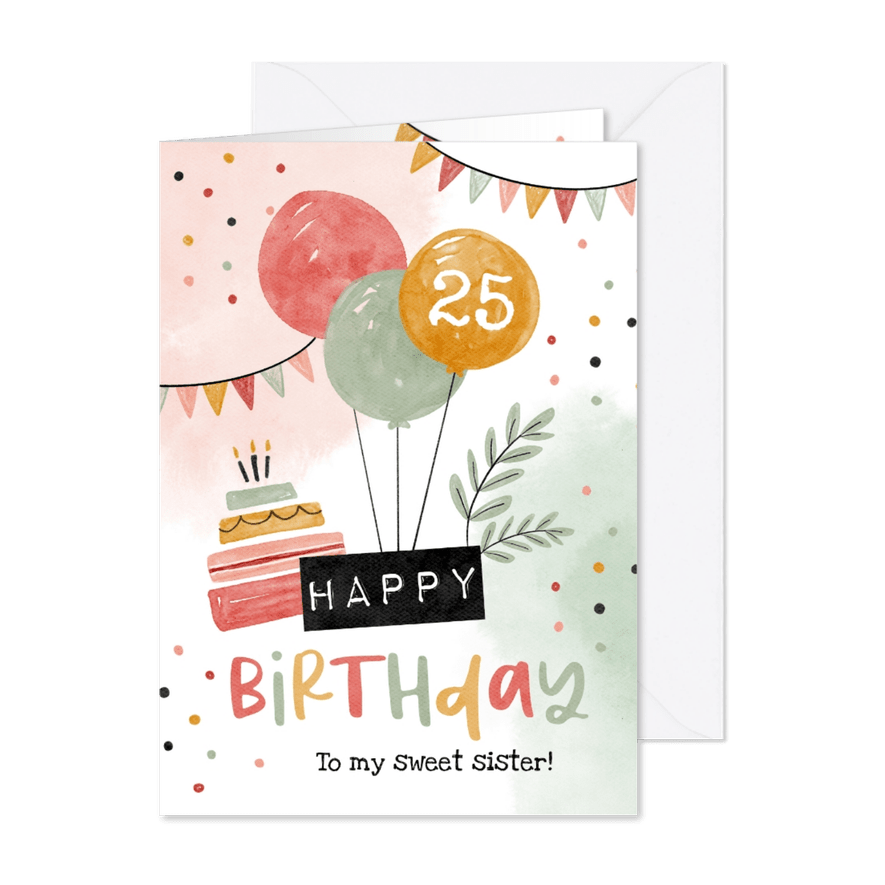 Geburtstagskarte Luftballons und Torte - Karteneindruck