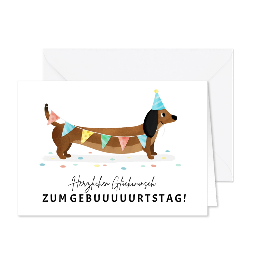 Geburtstagskarte lustiger Dackel mit Fähnchen - Karteneindruck