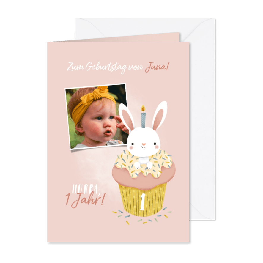 Geburtstagskarte Mädchen 1 Jahr Cupcake & Kaninchen - Karteneindruck