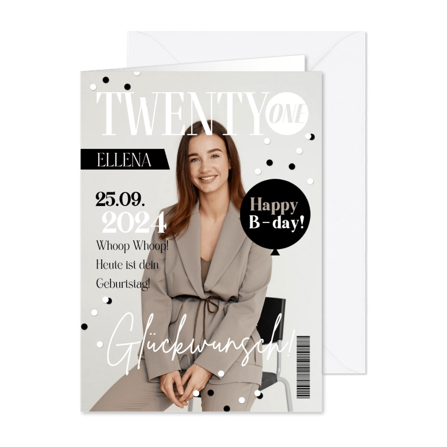 Geburtstagskarte Magazin-Look 'Twenty-one' - Karteneindruck