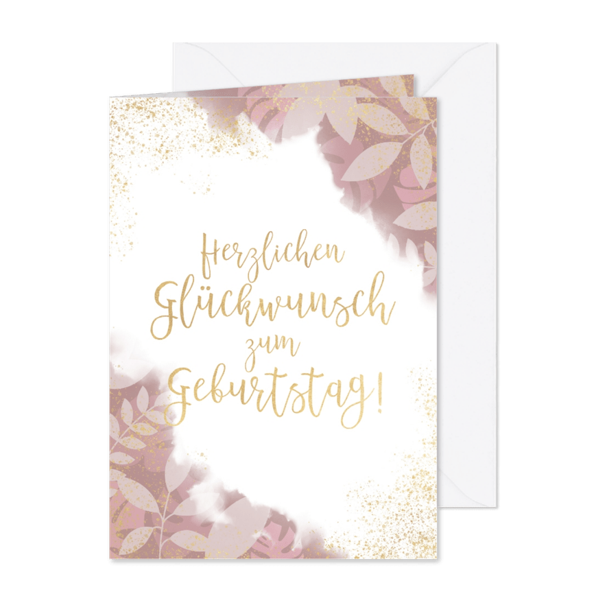 Geburtstagskarte mit Blättern und Sprenkeln - Karteneindruck