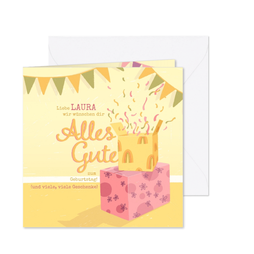 Geburtstagskarte mit Geschenken "Alles Gute" - Karteneindruck