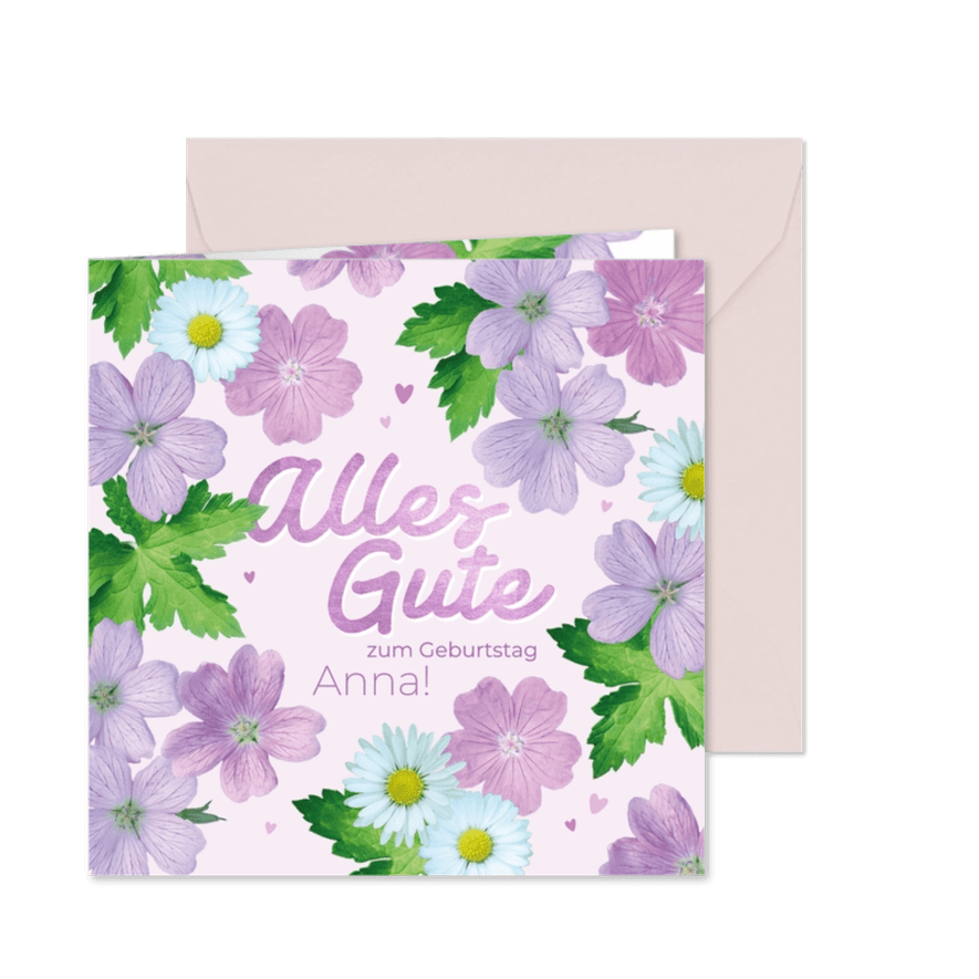 Geburtstagskarte rosa Blumen & Gänseblümchen 'Alles Gute' - Karteneindruck