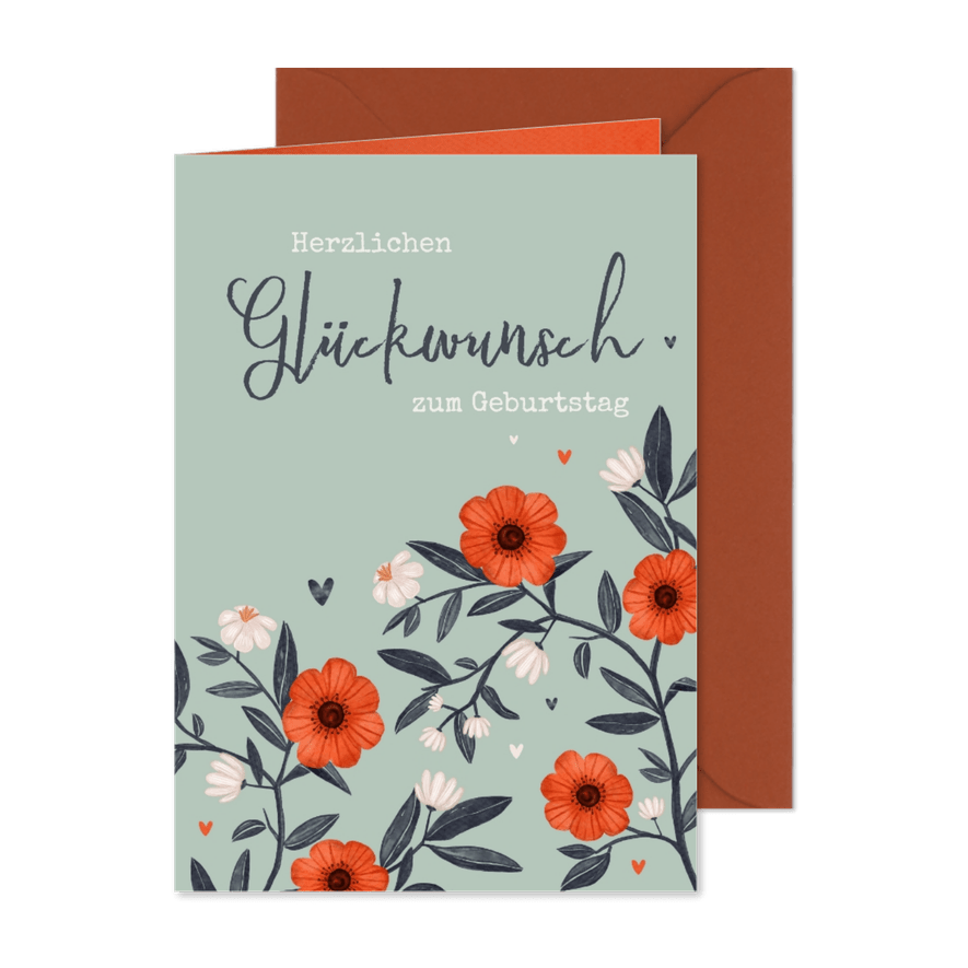 Geburtstagskarte rote & weiße Blumen - Karteneindruck