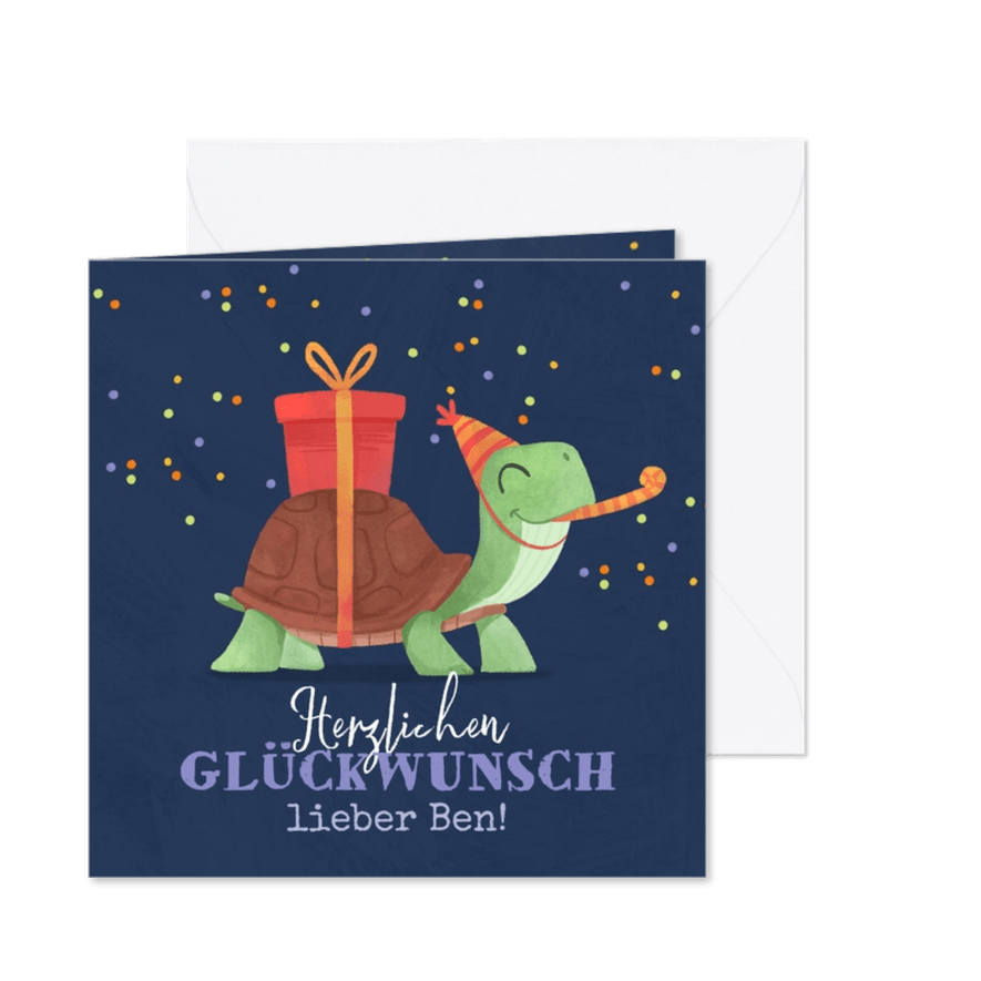 Geburtstagskarte Schildkröte mit Geschenk und Partyhut - Karteneindruck
