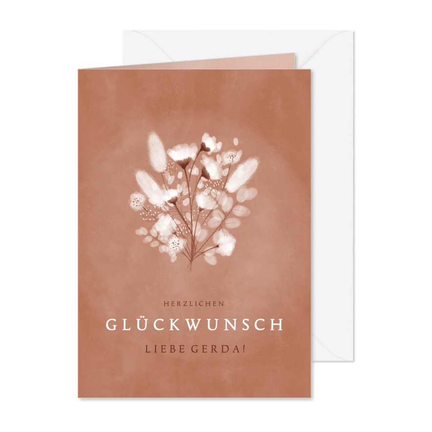 Geburtstagskarte weißer Trockenblumenstrauß - Karteneindruck