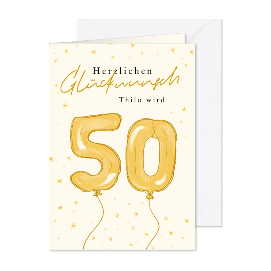 Gelbe Geburtstagskarte Luftballon '50' - Karteneindruck