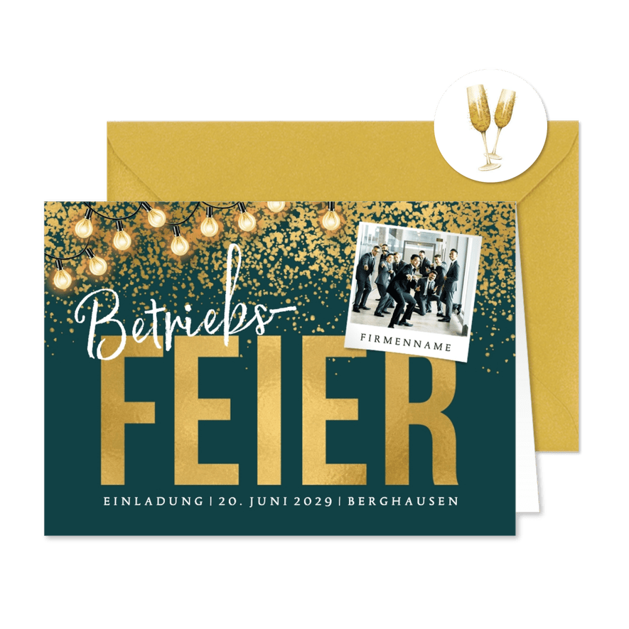 Geschäftliche Einladungskarte zur Betriebsfeier Goldregen - Karteneindruck