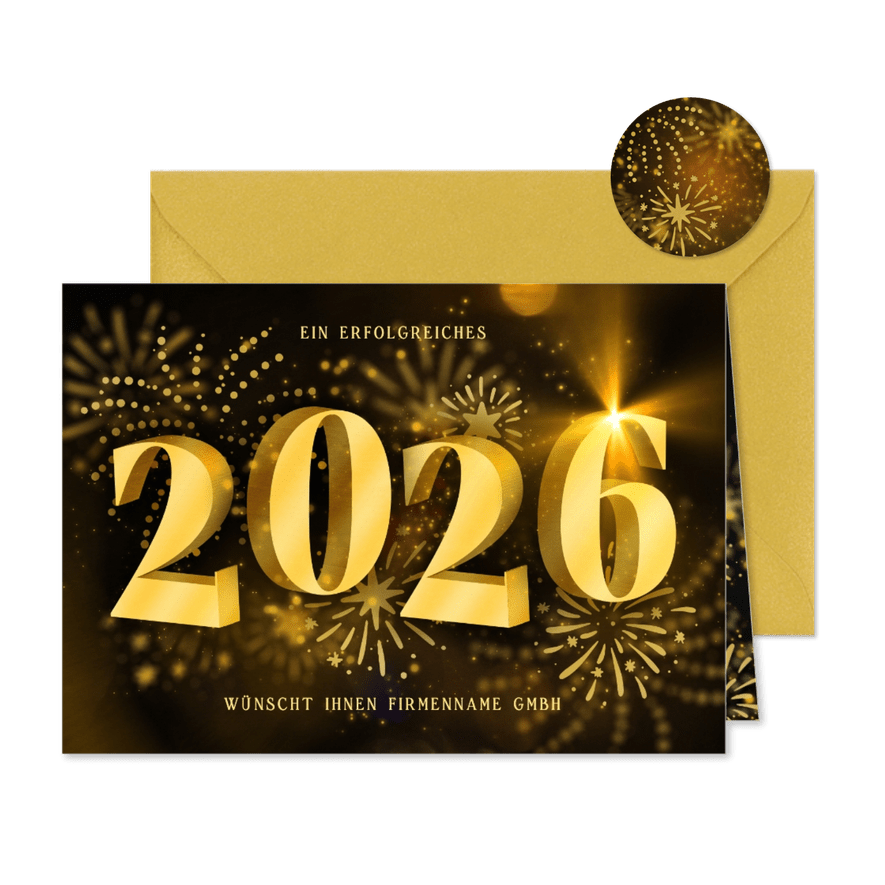 Geschäftliche Neujahrskarte 2026 3D mit Feuerwerk - Karteneindruck
