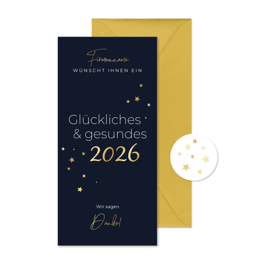 Geschäftliche Neujahrskarte 2026 & Sternchen in Gold - Karteneindruck
