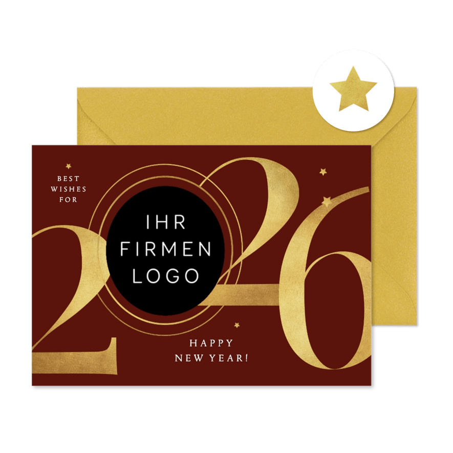 Geschäftliche Neujahrskarte dunkelrot 2026 gold - Karteneindruck
