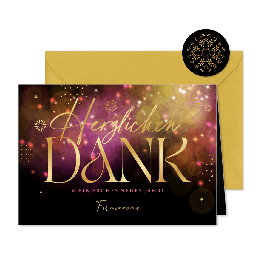 Geschäftliche Neujahrskarte 'Herzlichen Dank' Feuerwerk - Karteneindruck