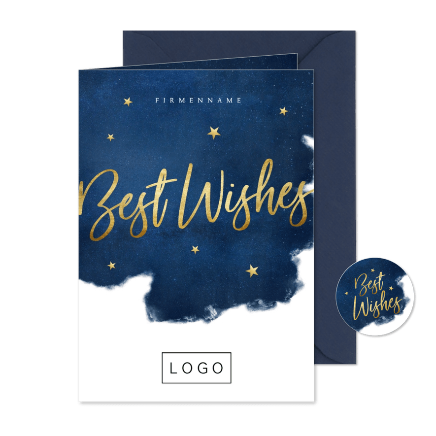 Geschäftliche Weihnachtskarte Best Wishes auf Blau - Karteneindruck