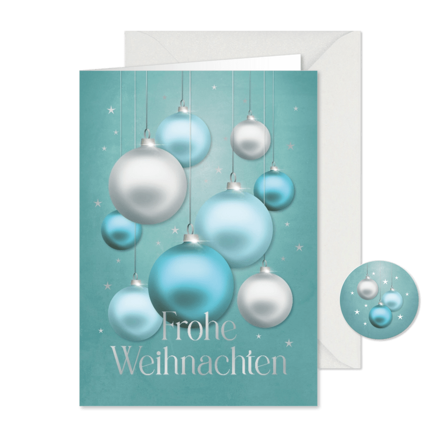 Geschäftliche Weihnachtskarte blaue Weihnachtskugeln - Karteneindruck
